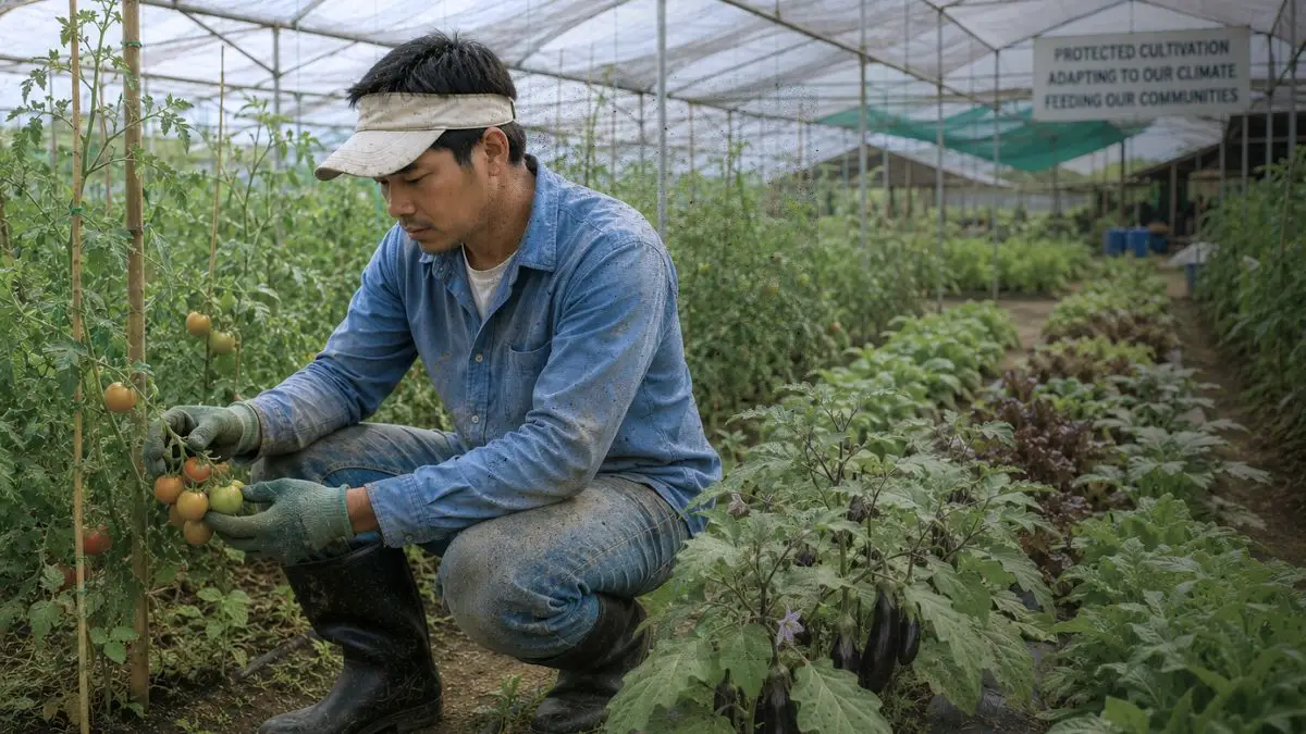 A Filipino grower inspecting vegetables inside a protected cultivation greenhouse in the Philippines.