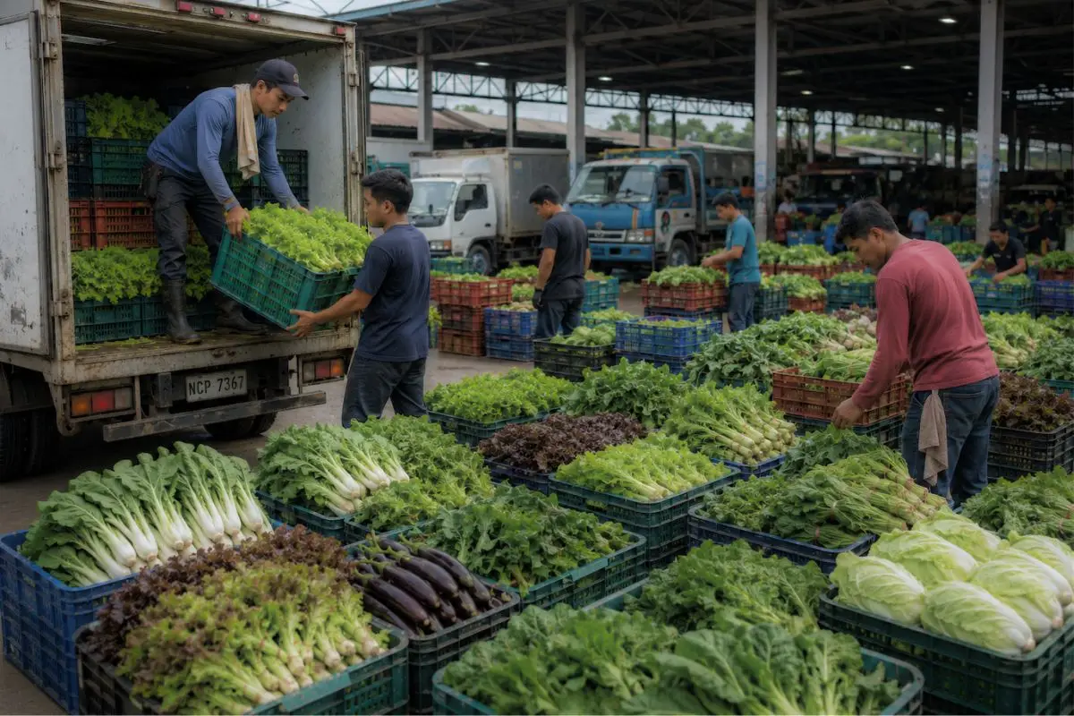 Workers unloading and organizing fresh vegetables at a covered wholesale trading market in the Philippines.